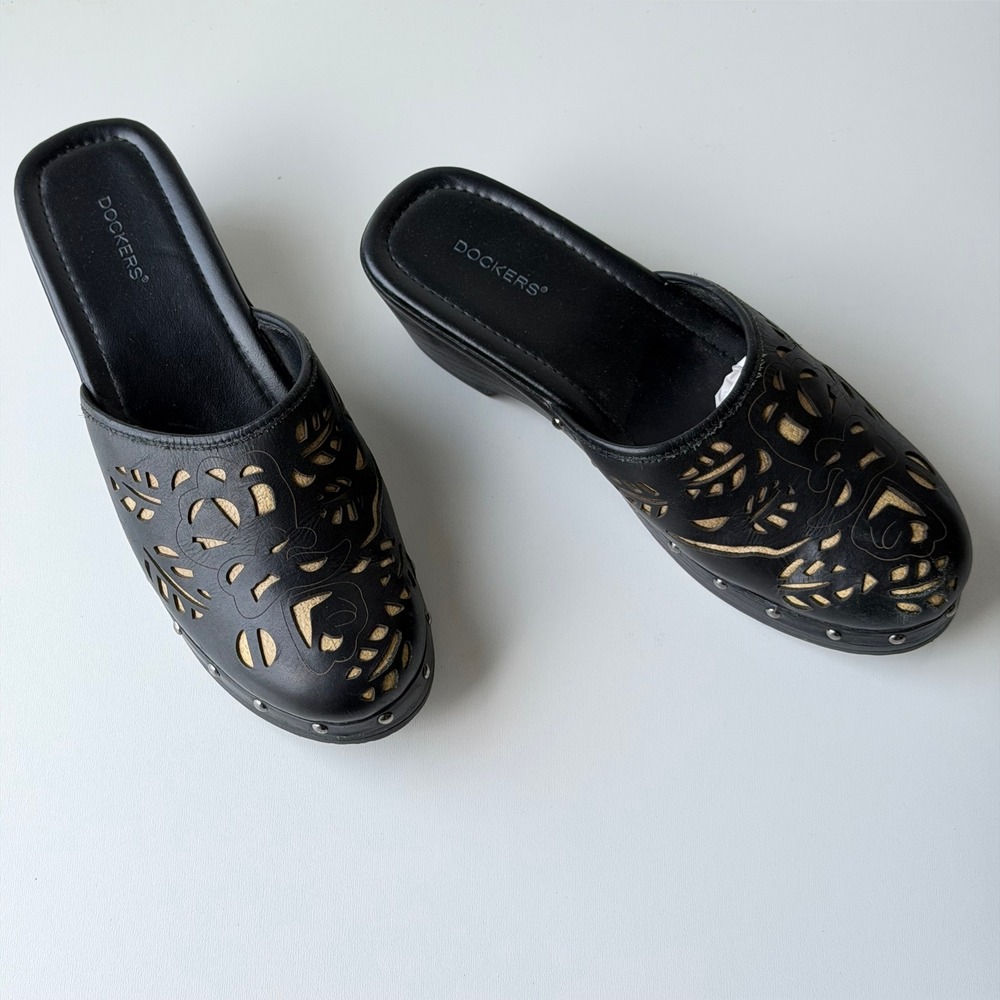 Dockers Clogs Women 10M Black Leather Cutout Studded Platform Mules